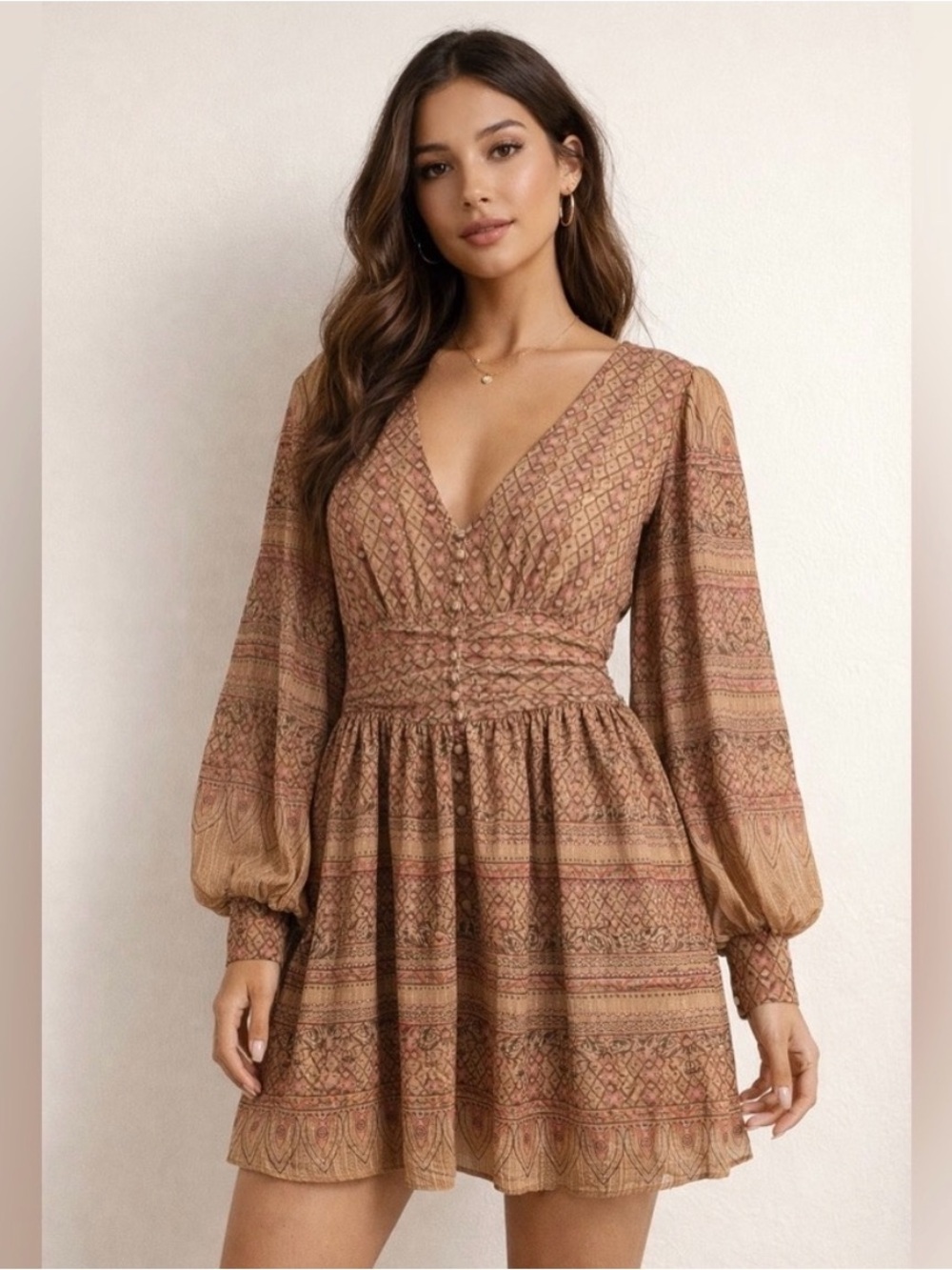 House of Harlow 1960 Brown Printed V-Neck Mini Dress